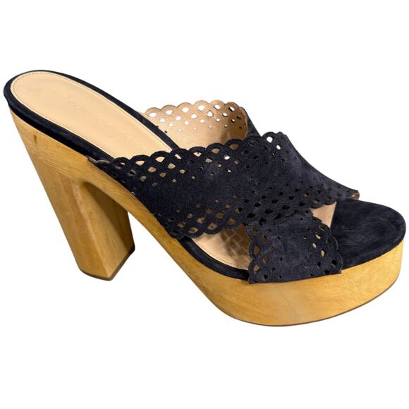 Veronica Beard Women's Size 9.5 Gaynor Scalloped Suede Wood‎ Clog Sandal Navy - Picture 1 of 14